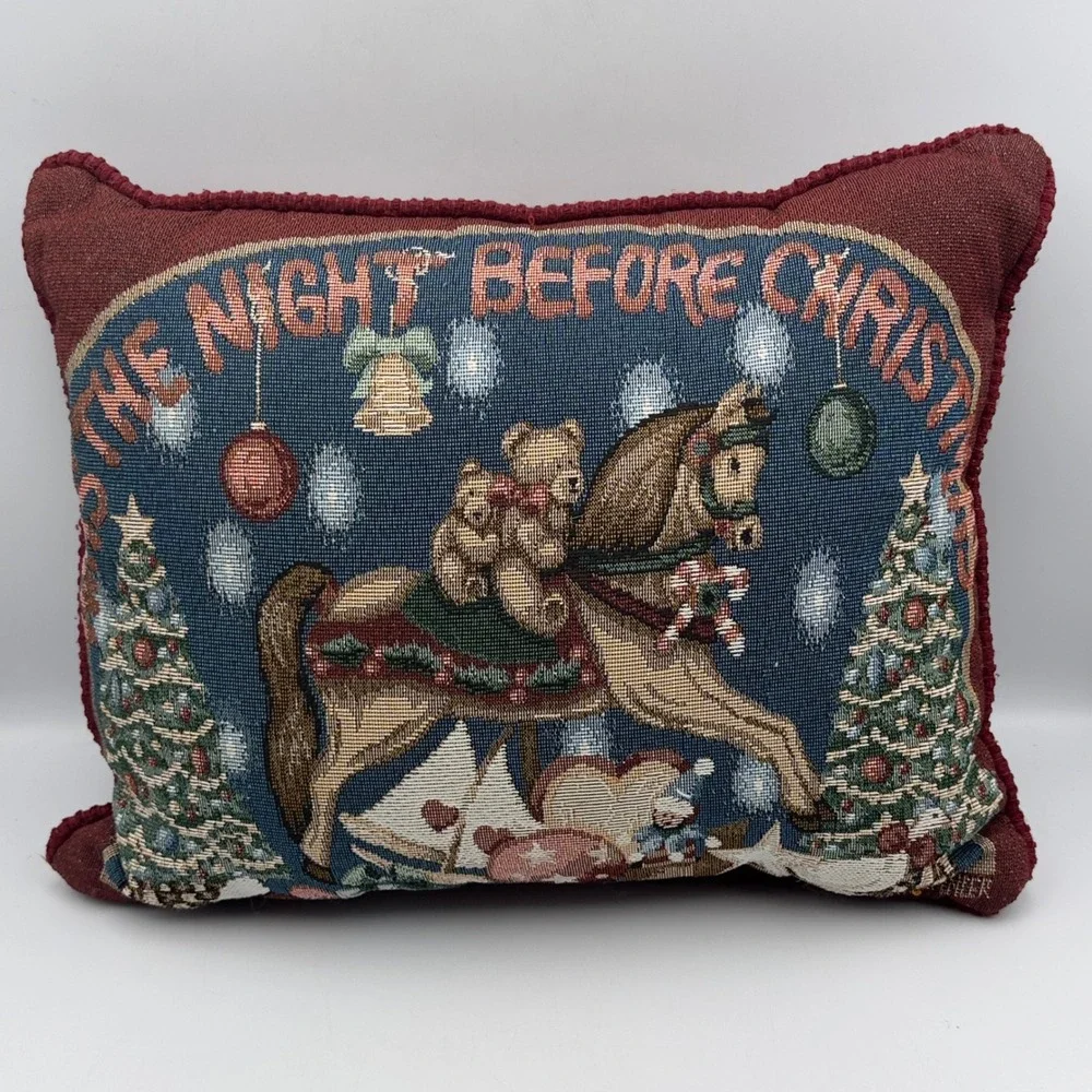 Travis Spencer Christmas Tapestry Pillow Blue Red Rocking Horse Vintage 16x12